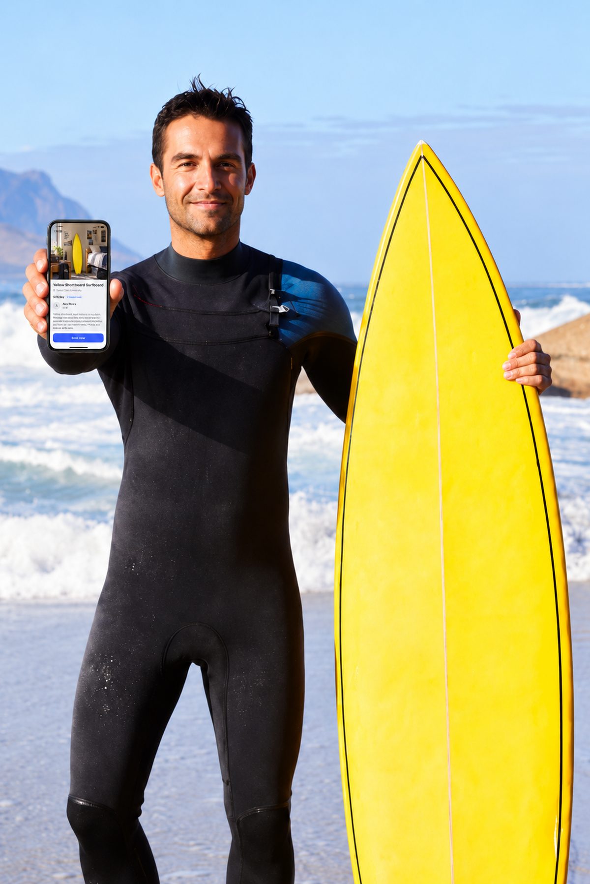 A student on the beach in a wetsuit, holding a surfboard and showing its Rentul listing on his phone.